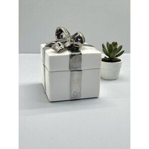 Lefton Porcelain Gift Box Shaped Trinket Holder With Silver Bow Accent